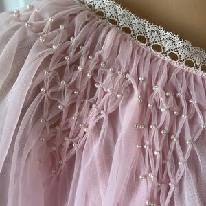 Vtg 50s 60s RARE pearl details powder pink lace button front nylon peignoir S M